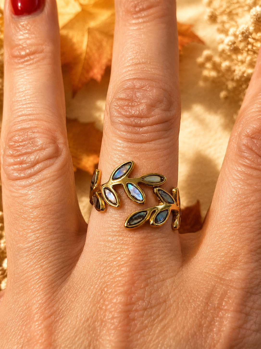 Bague Ajustable Feuilles Émaillées en Acier Inoxydable Doré – Élégante & Nature