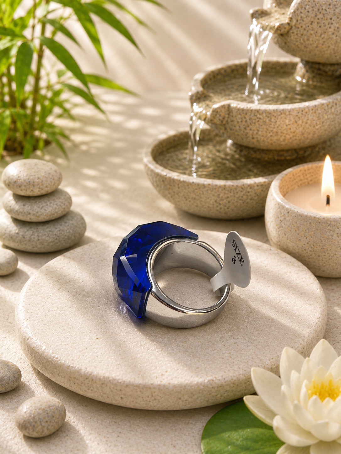 Anello in acciaio inossidabile con cristallo azzurro, taglia 8