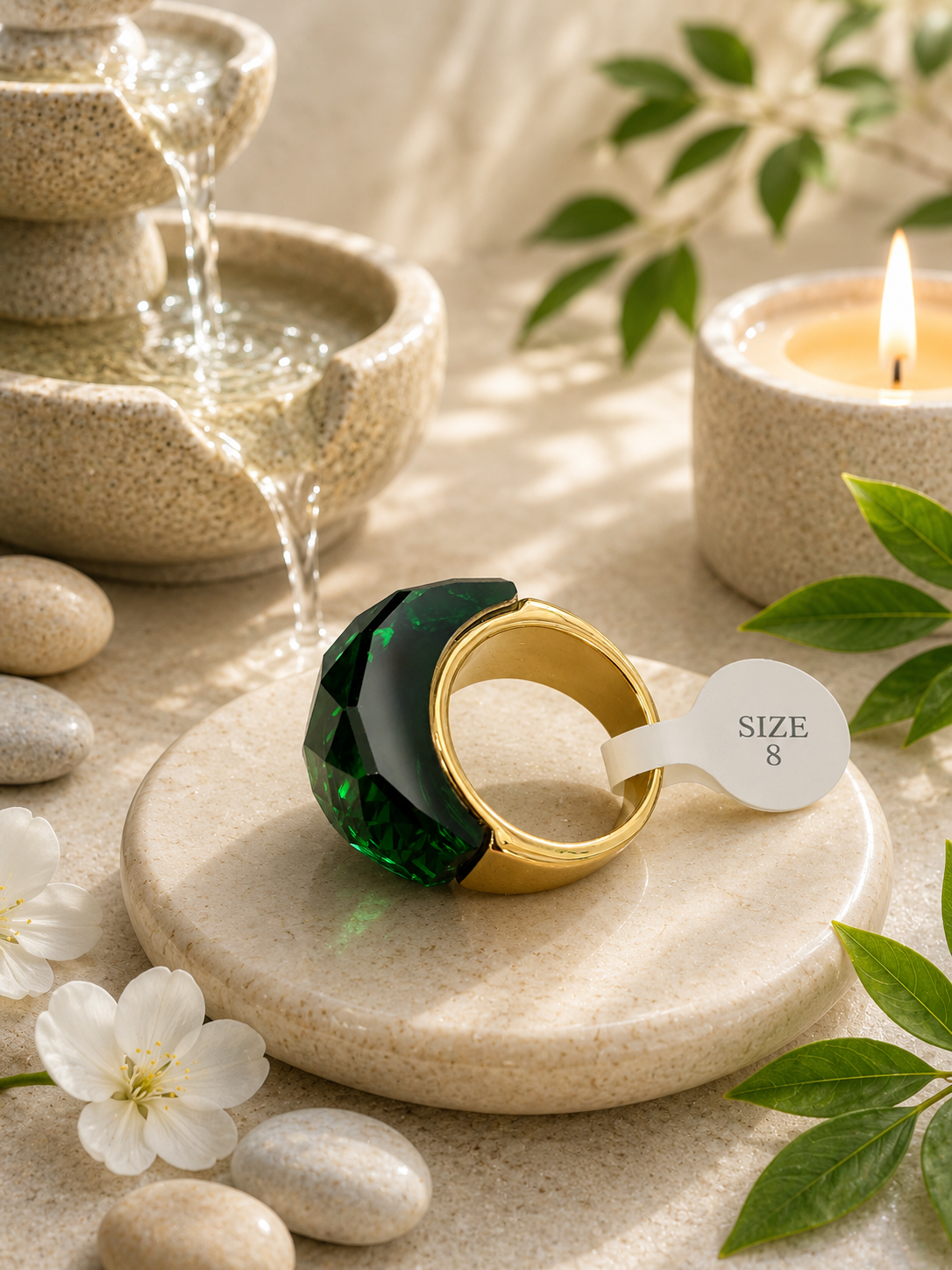 Anello in acciaio inossidabile placcato oro con cristallo verde, taglia 8