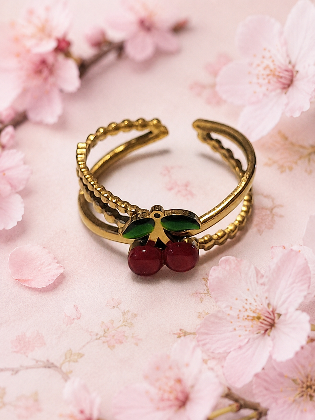 Bague Ajustable Cerises en Acier Inoxydable Doré – Design Fruité & Tendance