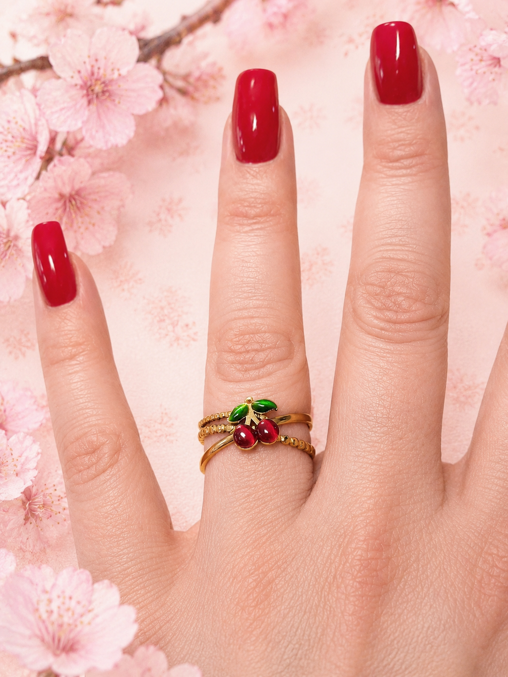 Bague Ajustable Cerises en Acier Inoxydable Doré – Design Fruité & Tendance