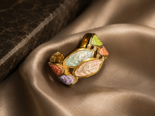 Bague acier inoxydable doré en forme de feuille multicolore