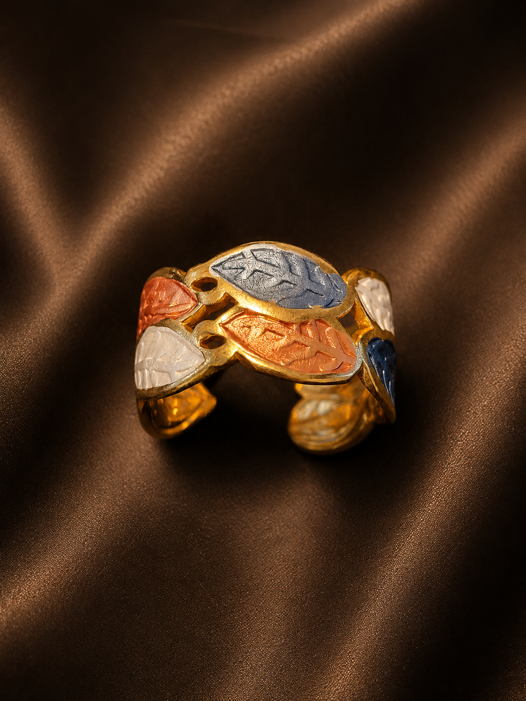 Bague acier inoxydable doré en forme de feuille grise