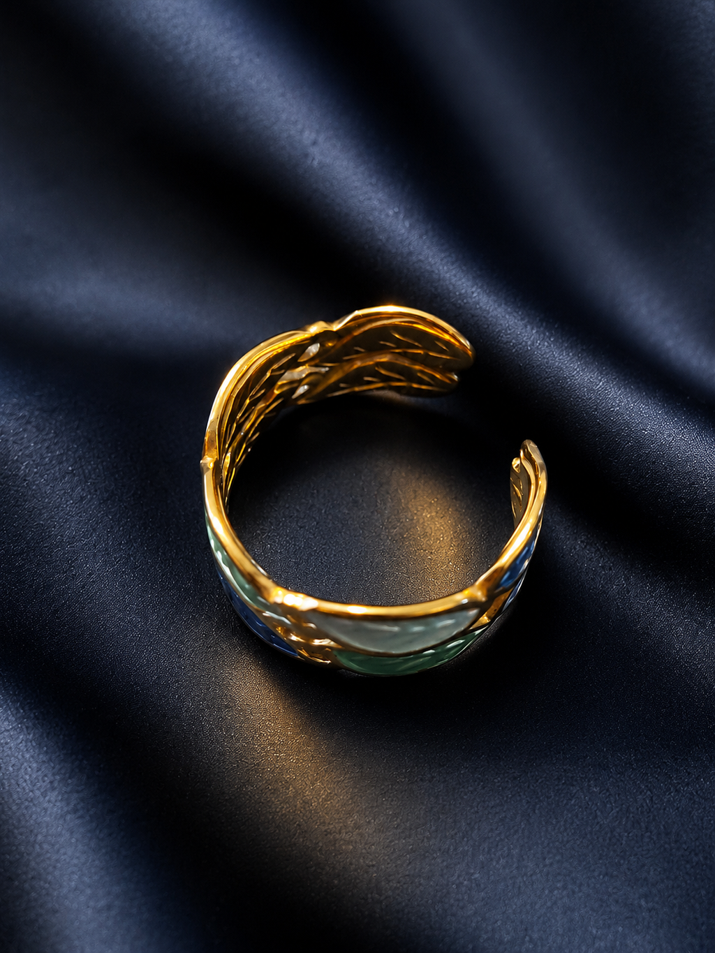 Bague acier inoxydable doré en forme de feuille bleue