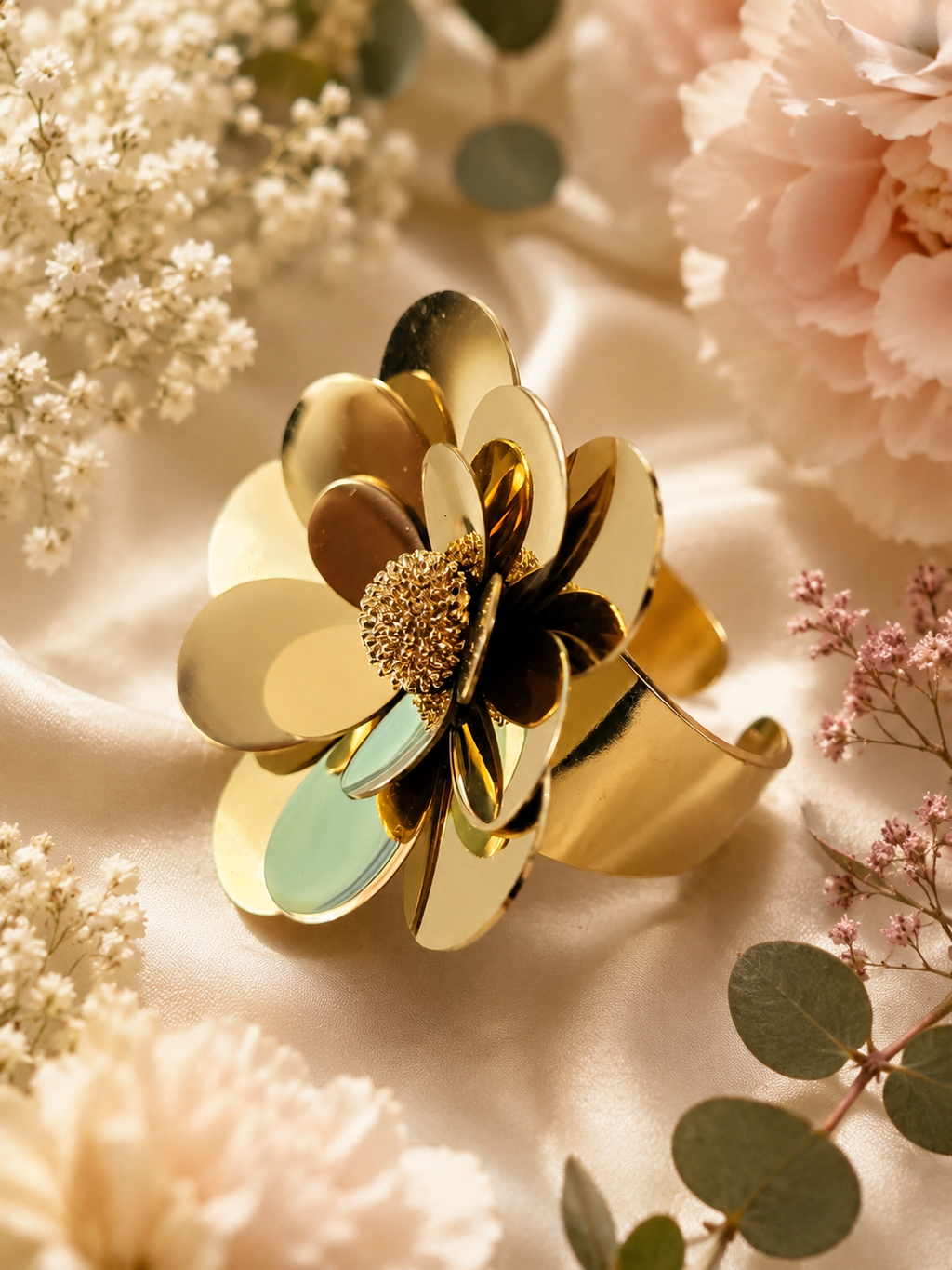 Bague ajustable acier inoxydable dorée en forme de fleur lisse