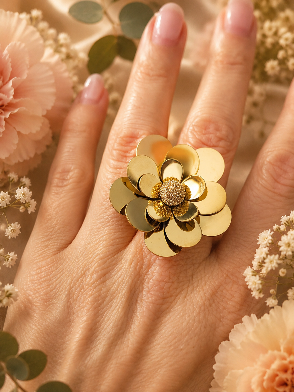 Bague ajustable acier inoxydable dorée en forme de fleur lisse