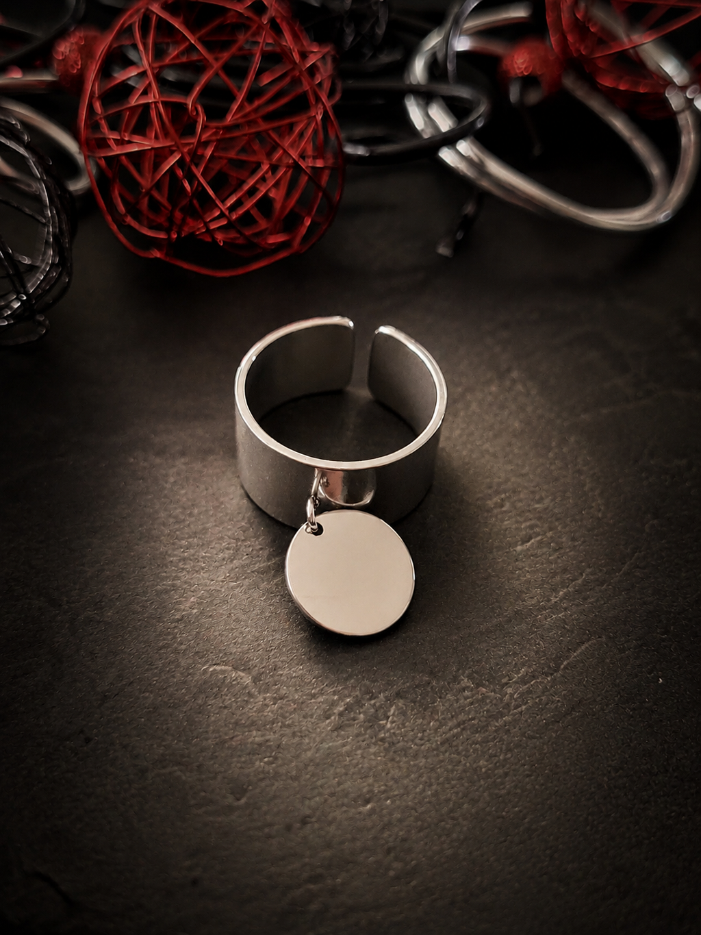 Bague ajustable acier inoxydable breloque ronde argenté