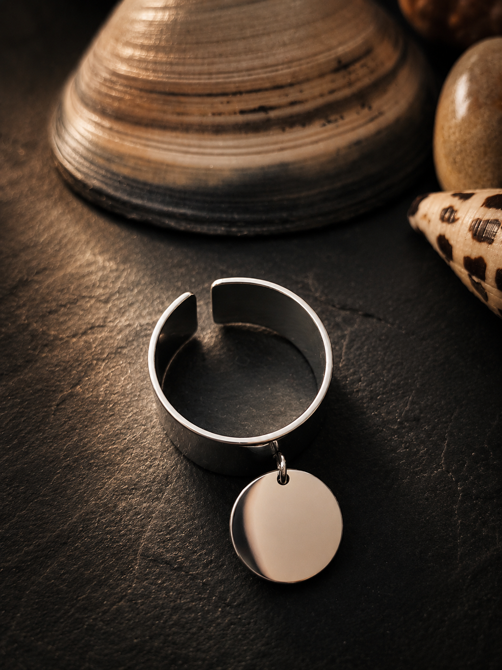 Bague ajustable acier inoxydable breloque ronde argenté