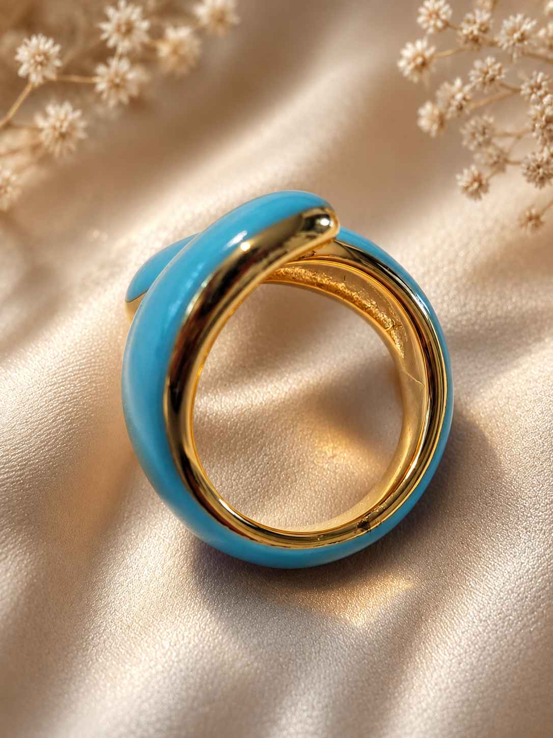 Anello ritorto in acciaio inossidabile dorato, geometrico, blu turchese, taglia 55 - 17,5 mm