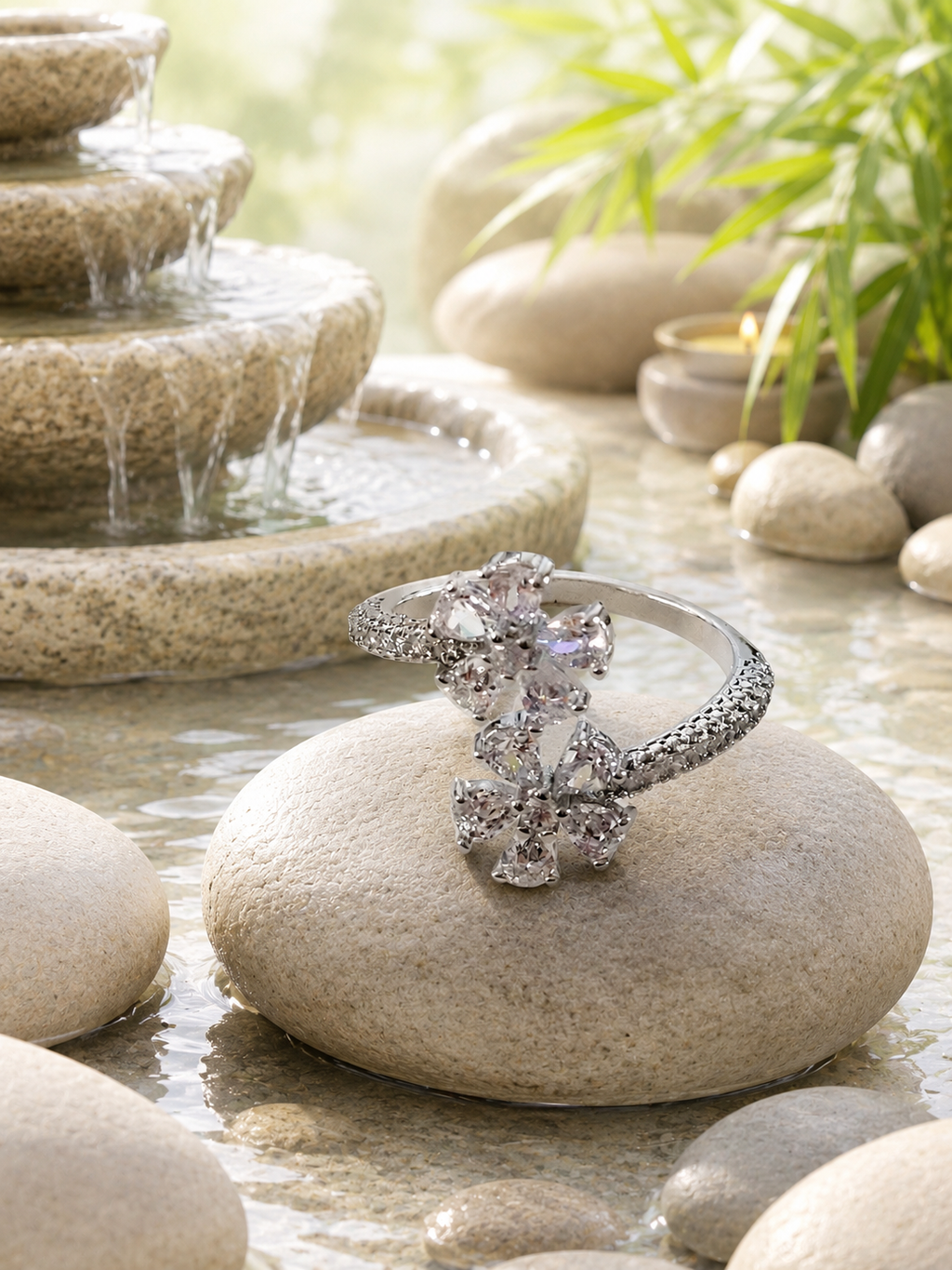 Bague ouverte acier inoxydable argenté avec fleurs zircon blanc