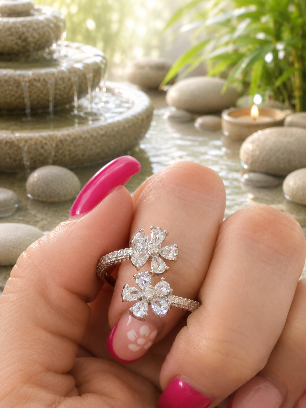 Bague ouverte acier inoxydable argenté avec fleurs zircon blanc