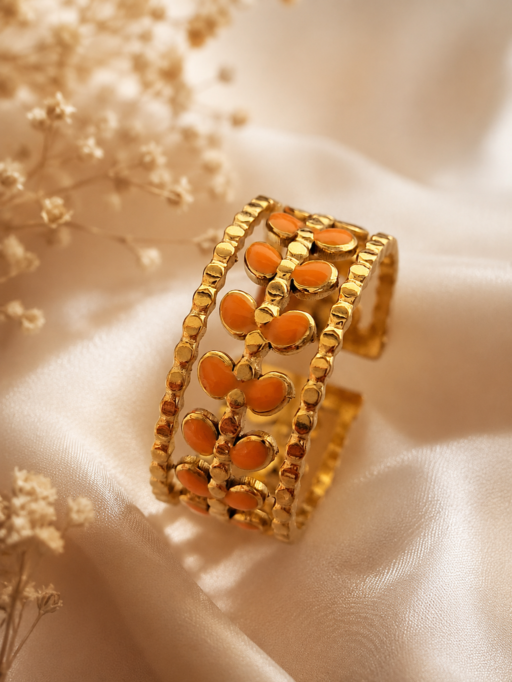 Bague ouverte acier inoxydable feuilles dorées et oranges
