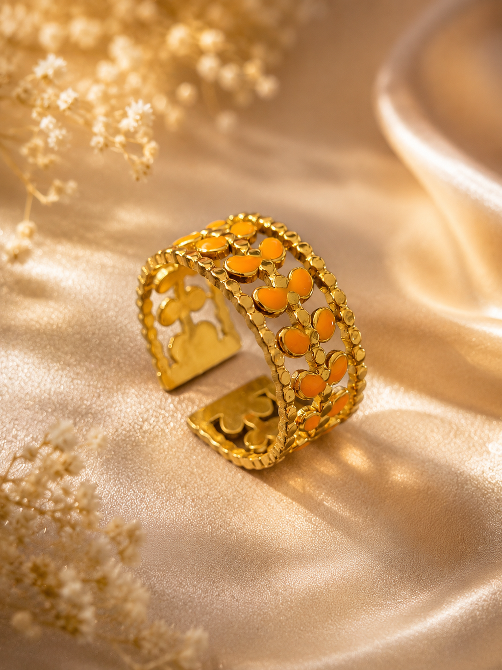Bague ouverte acier inoxydable feuilles dorées et oranges