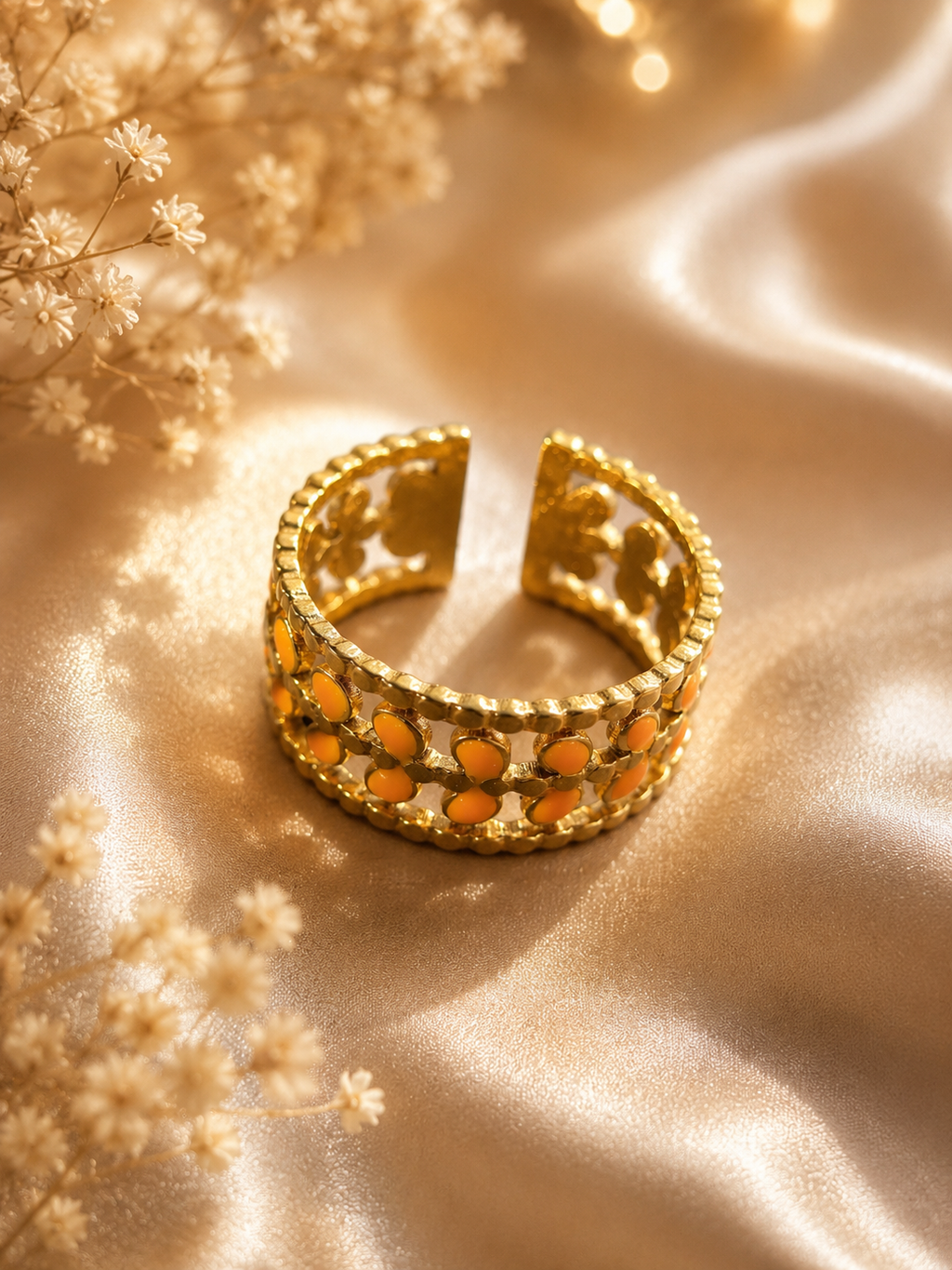 Bague ouverte acier inoxydable feuilles dorées et oranges