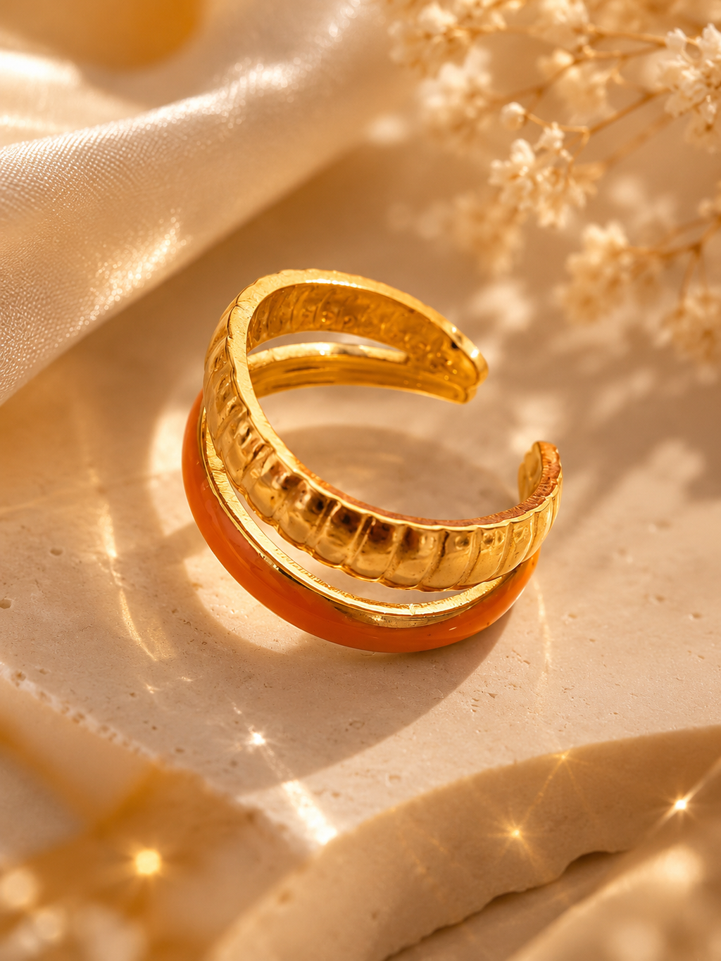 Anello aperto in acciaio inossidabile doppio cerchio dorato e arancione
