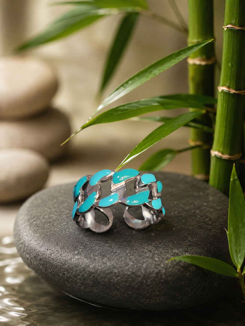 Bague chaîne acier inoxydable turquoise