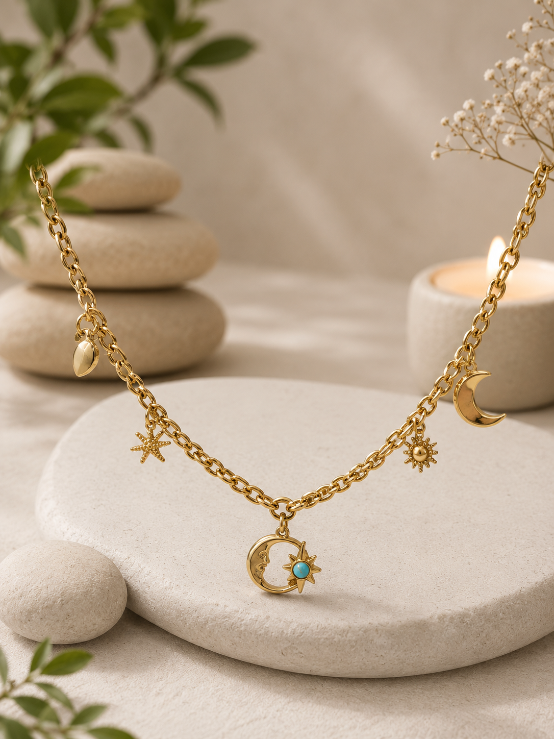 Collier Breloques Soleil, Lune, Croix & Cœur en Acier Inoxydable Doré – Élégant & Symbolique