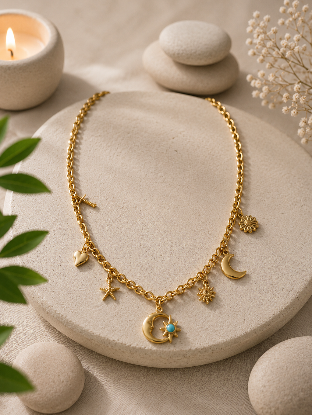 Collier Breloques Soleil, Lune, Croix & Cœur en Acier Inoxydable Doré – Élégant & Symbolique
