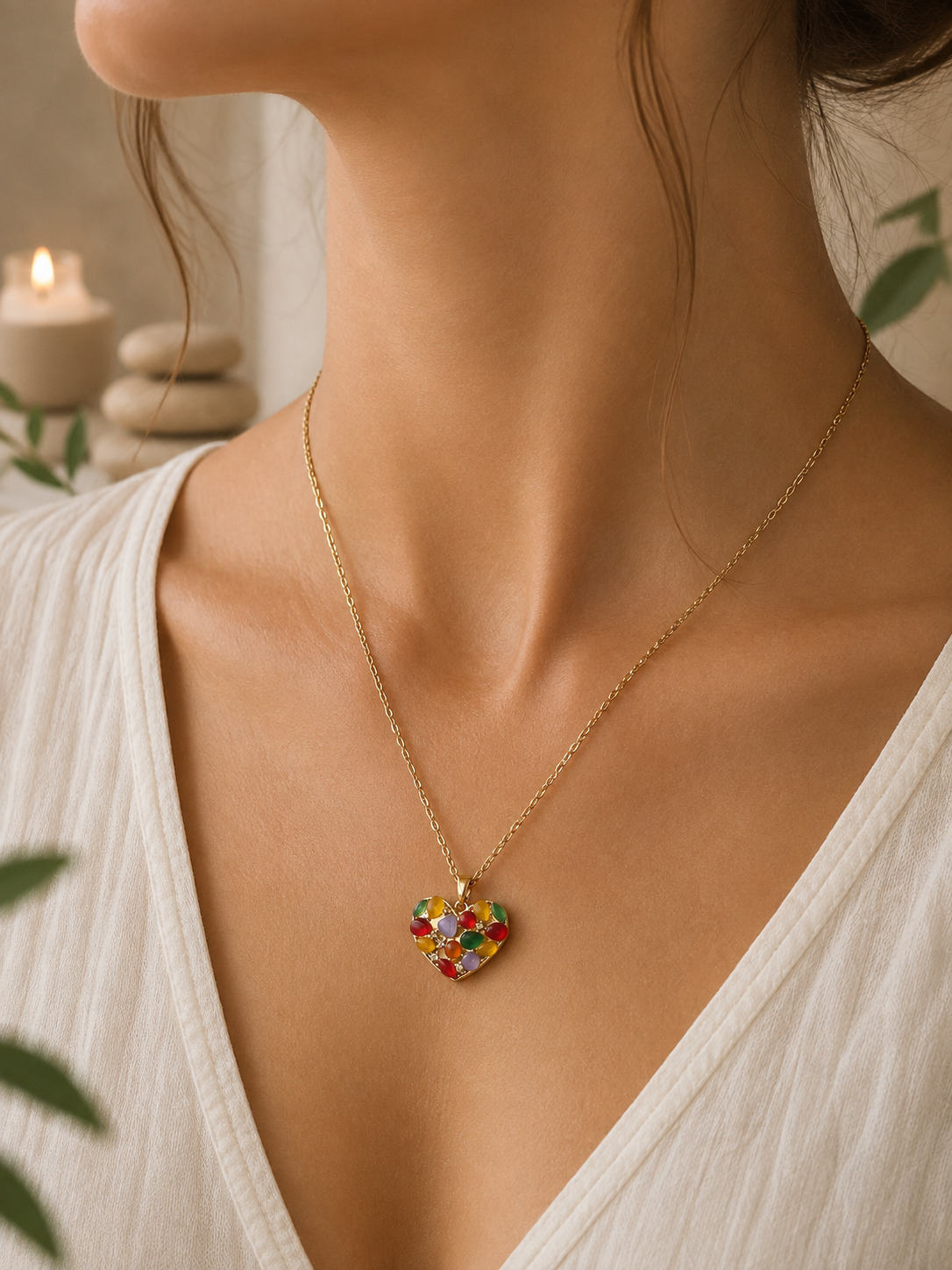 Collier pendentif acier inoxydable motif géométrique cœur multicolore