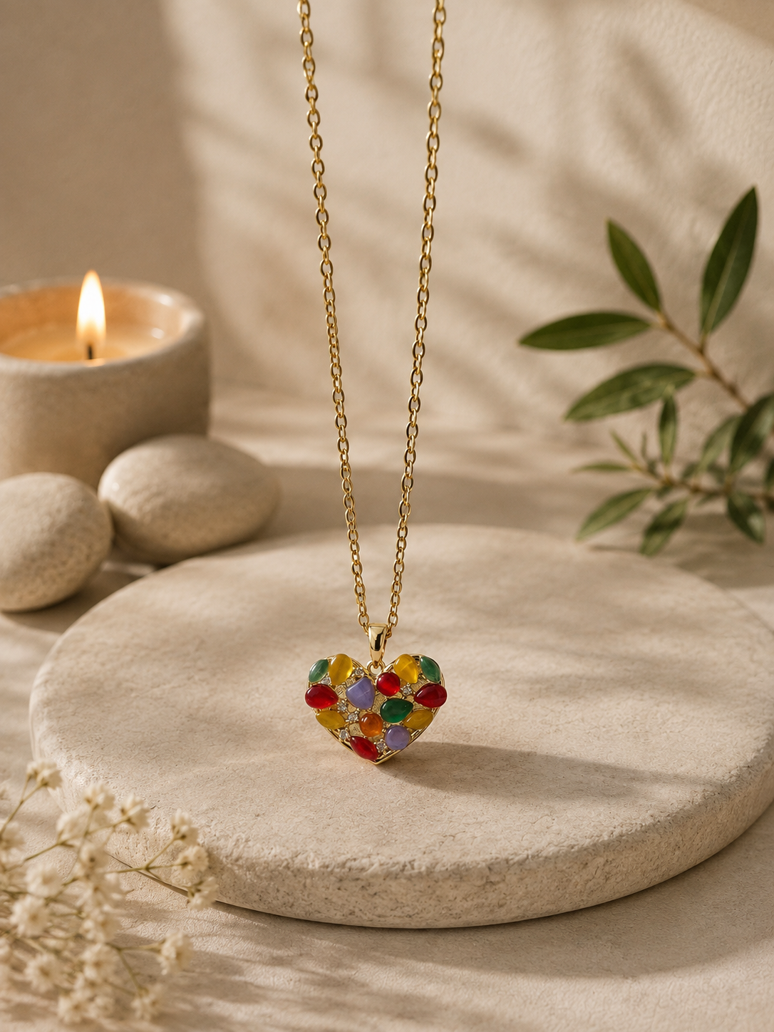 Collier pendentif acier inoxydable motif géométrique cœur multicolore