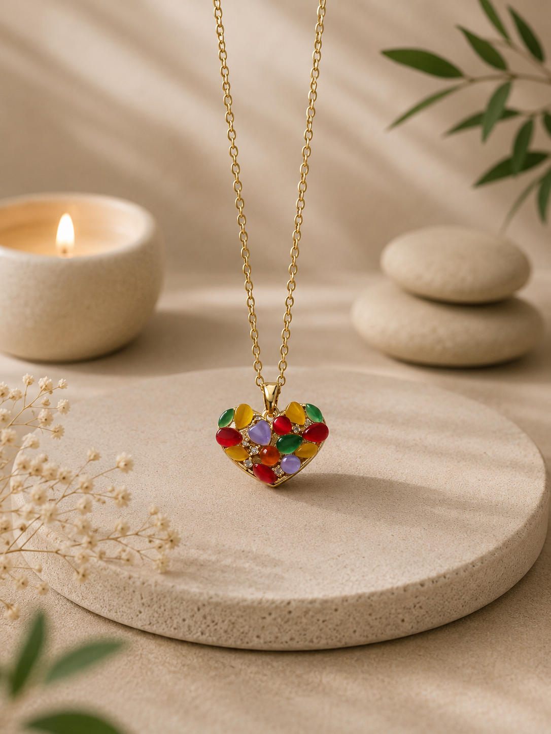 Collier pendentif acier inoxydable motif géométrique cœur multicolore