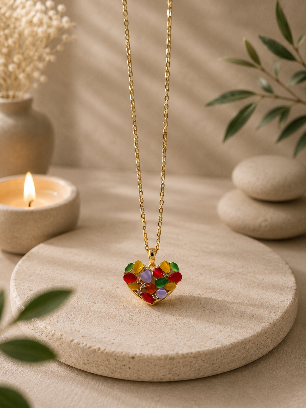 Collana pendente acciaio inossidabile motivo geometrico cuore multicolore