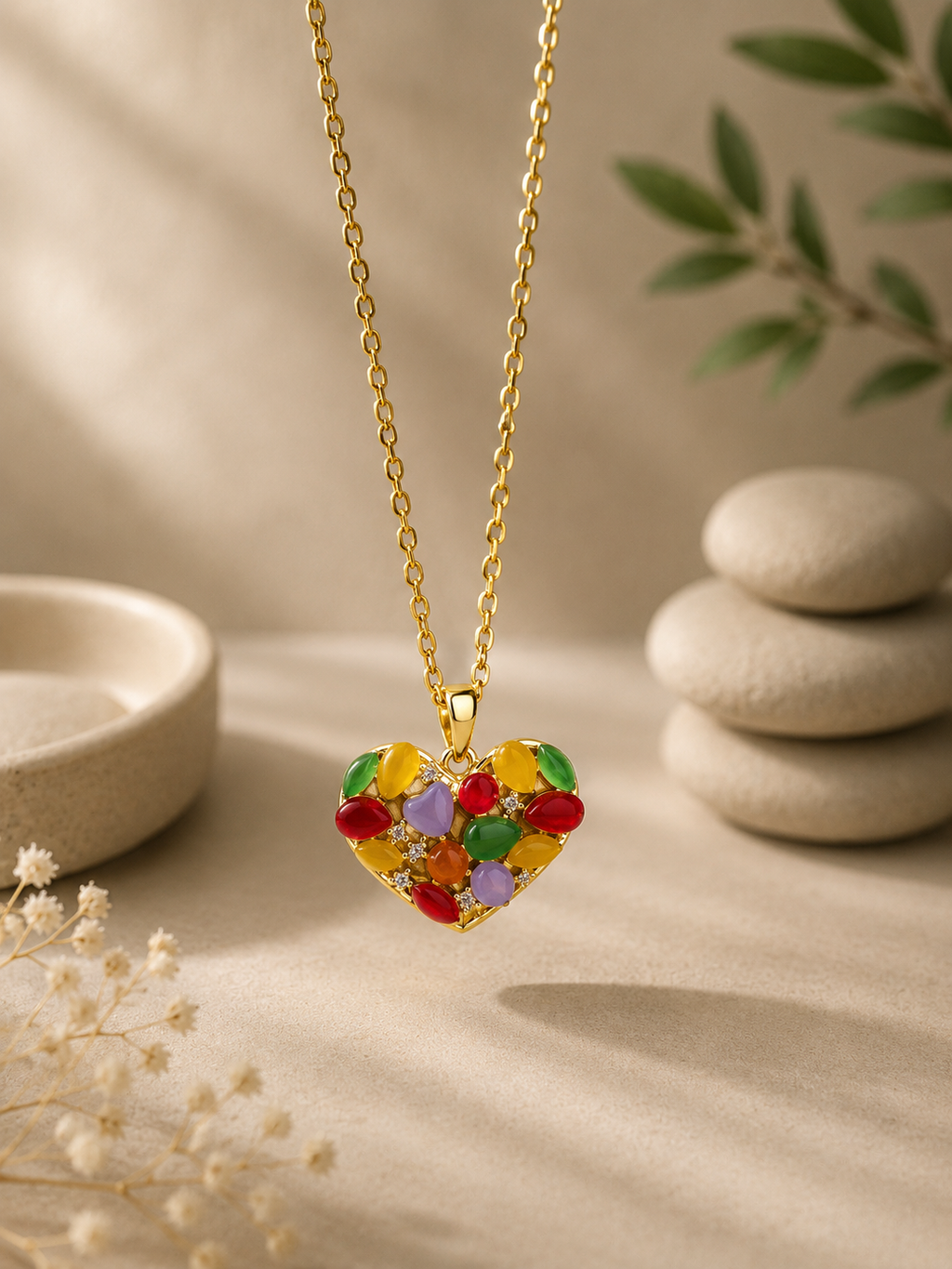 Collana pendente acciaio inossidabile motivo geometrico cuore multicolore