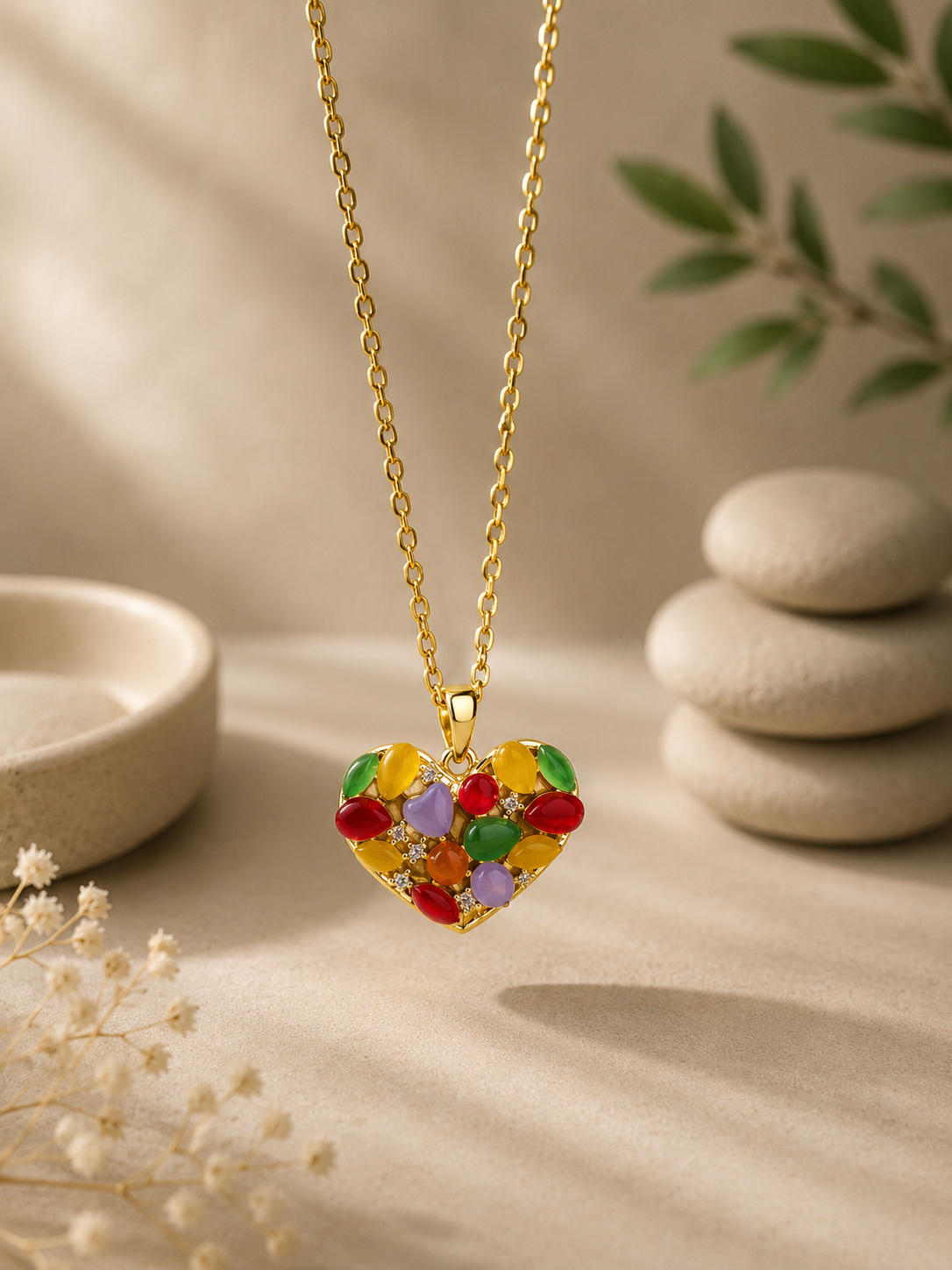 Collier pendentif acier inoxydable motif géométrique cœur multicolore