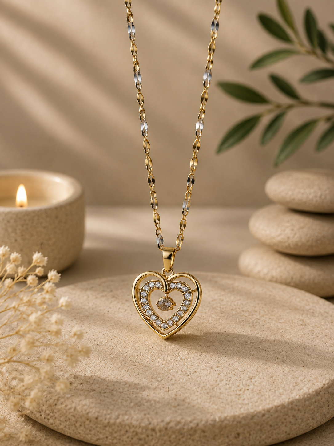 Collier pendentif cœur acier inoxydable doré avec incrustation zircon
