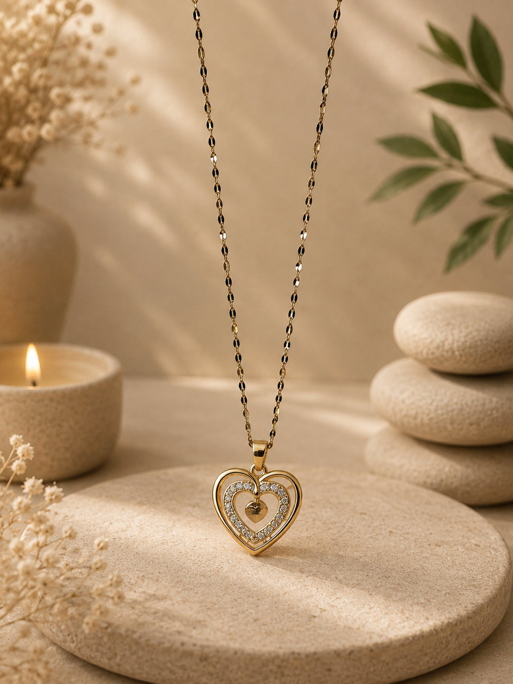 Collier pendentif cœur acier inoxydable doré avec incrustation zircon