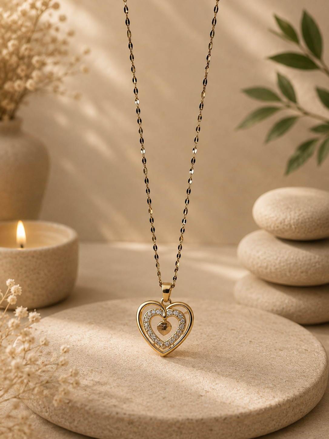 Collier pendentif cœur acier inoxydable doré avec incrustation zircon