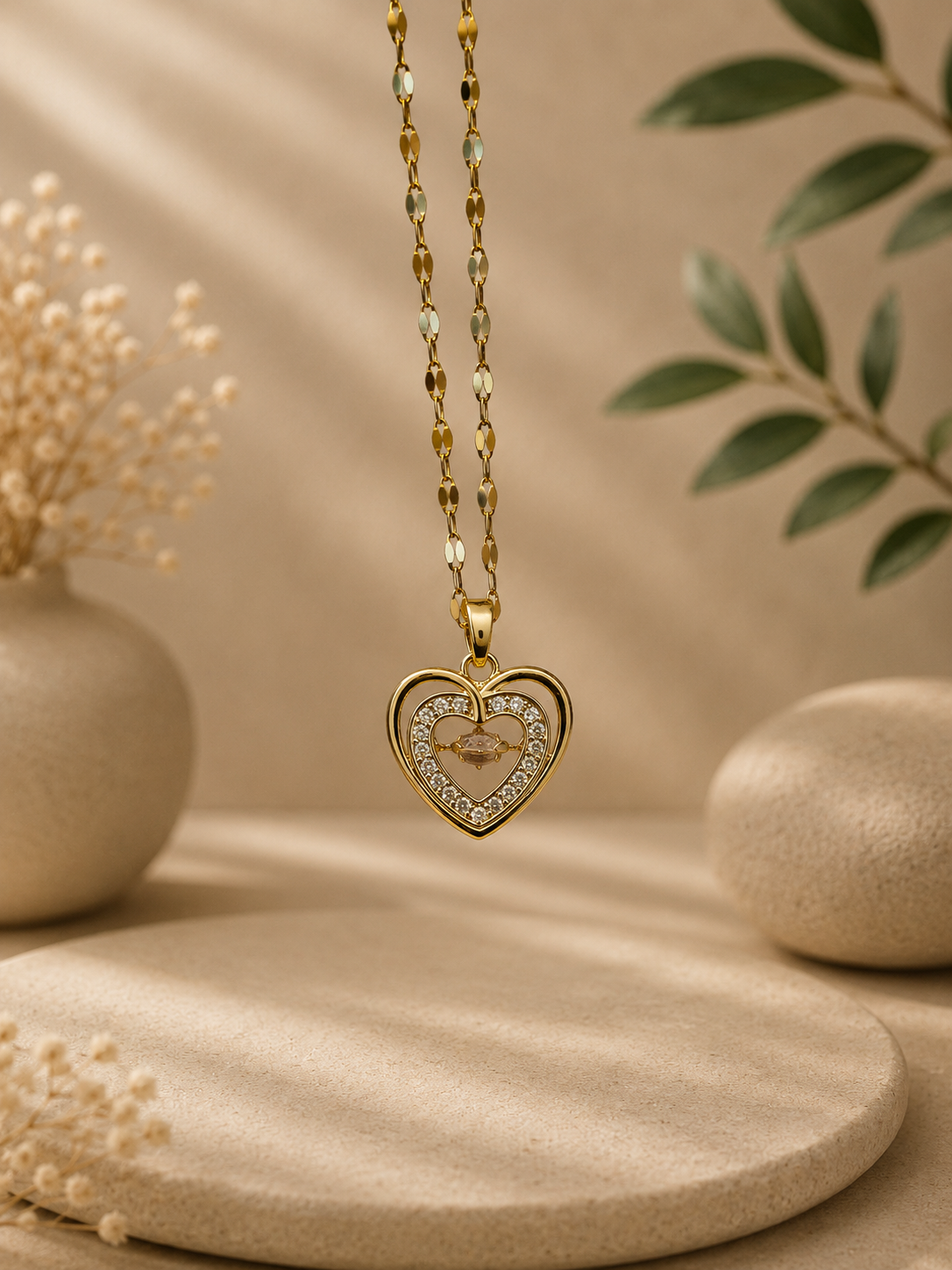 Collier pendentif cœur acier inoxydable doré avec incrustation zircon