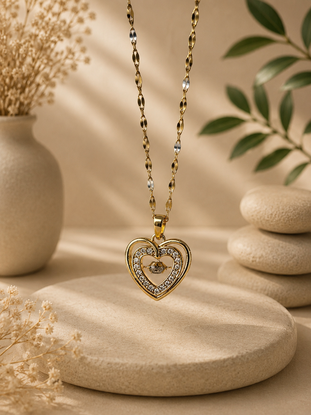 Collier pendentif cœur acier inoxydable doré avec incrustation zircon
