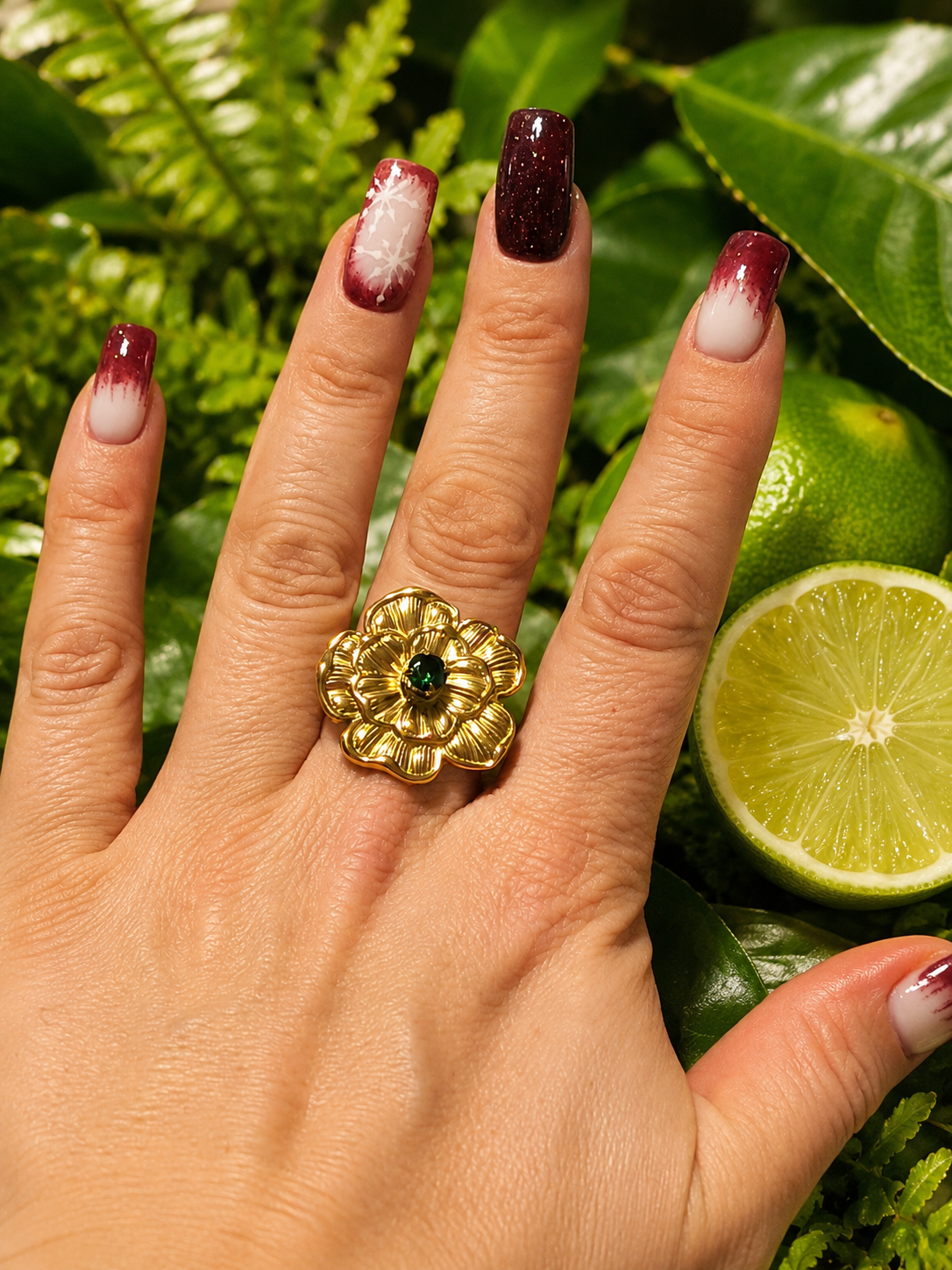 Bague acier inoxydable doré cœur zircon vert et doré
