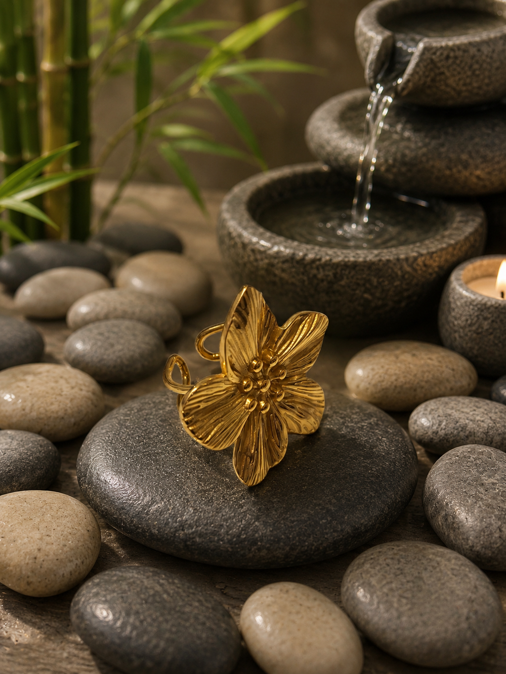 Bague Fleur Dorée en Acier Inoxydable – Ajustable – Design Floral Élégant