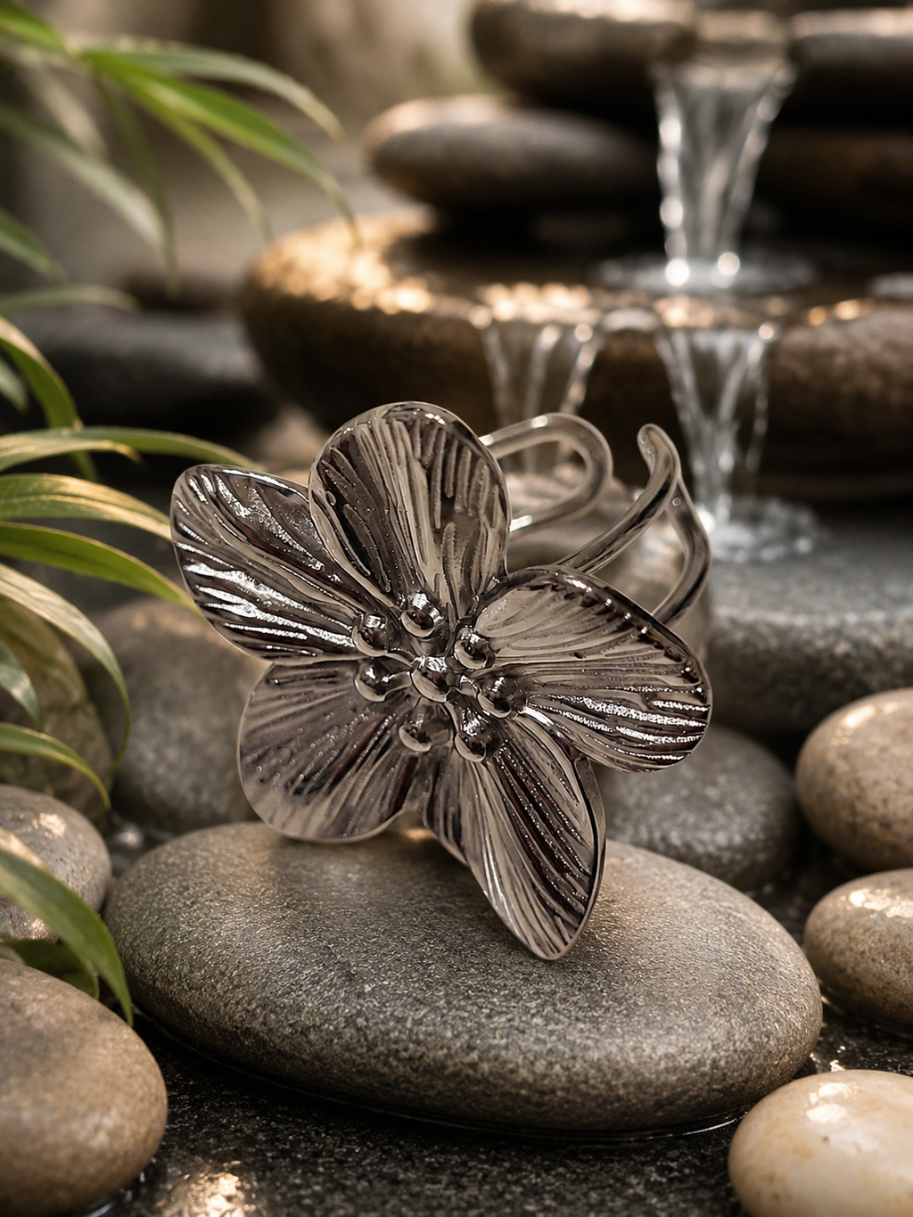 Anello in acciaio inossidabile fiore con petali grandi argentato