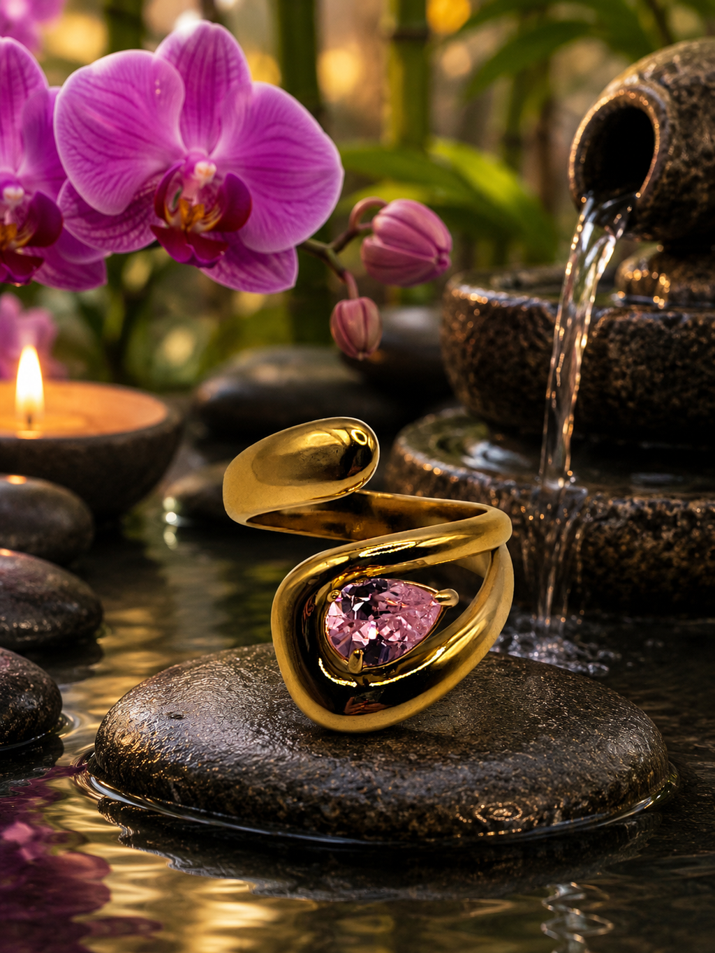 Bague ajustable acier inoxydable doré avec pierre rose