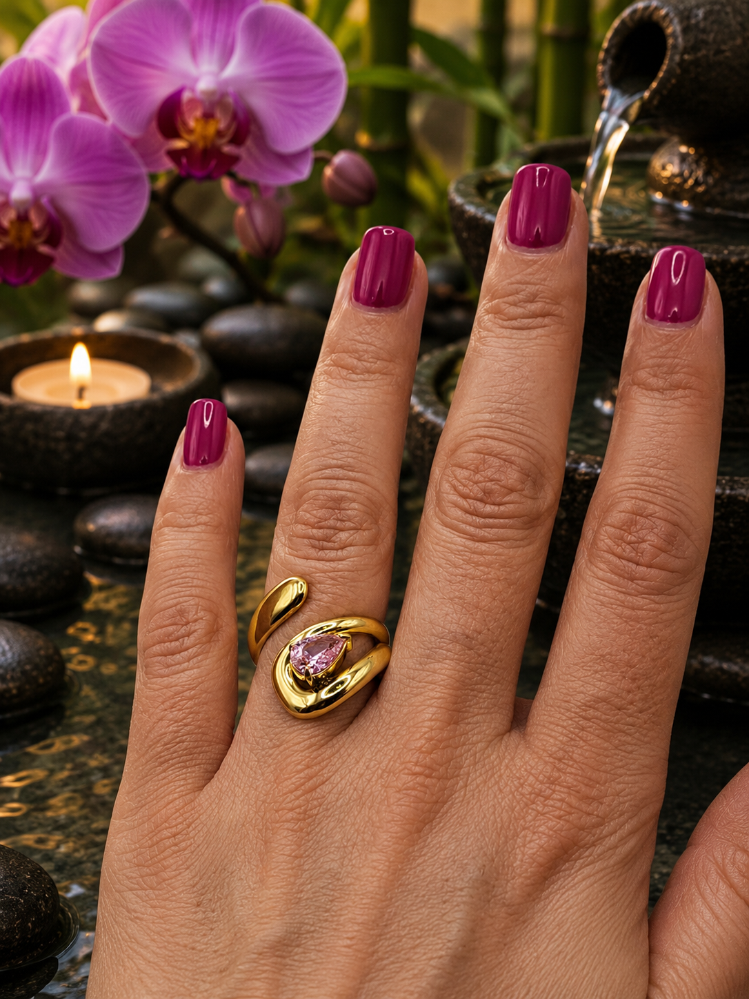 Bague ajustable acier inoxydable doré avec pierre rose