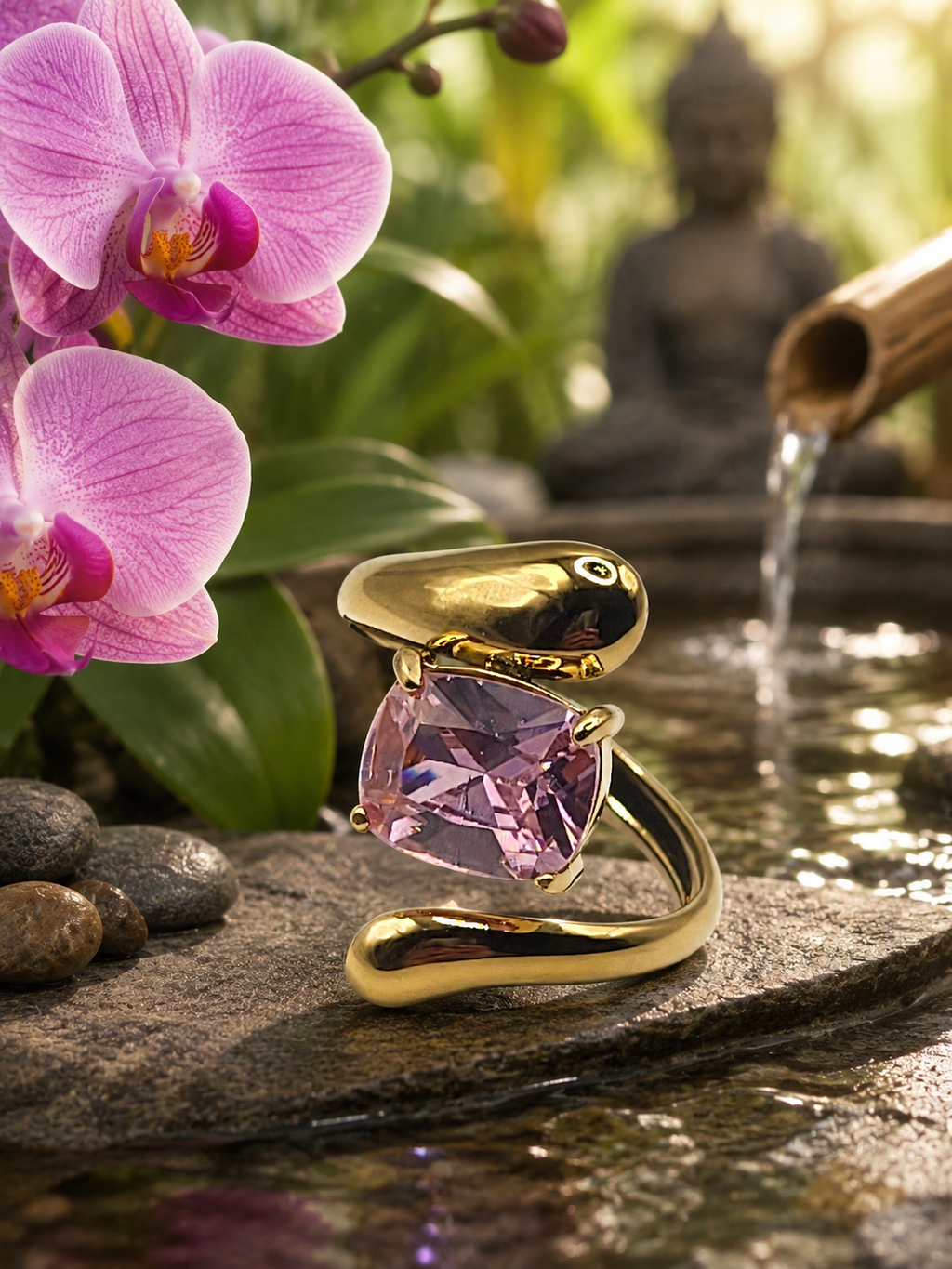 Bague ajustable acier inoxydable doré avec pierre rose forme Z