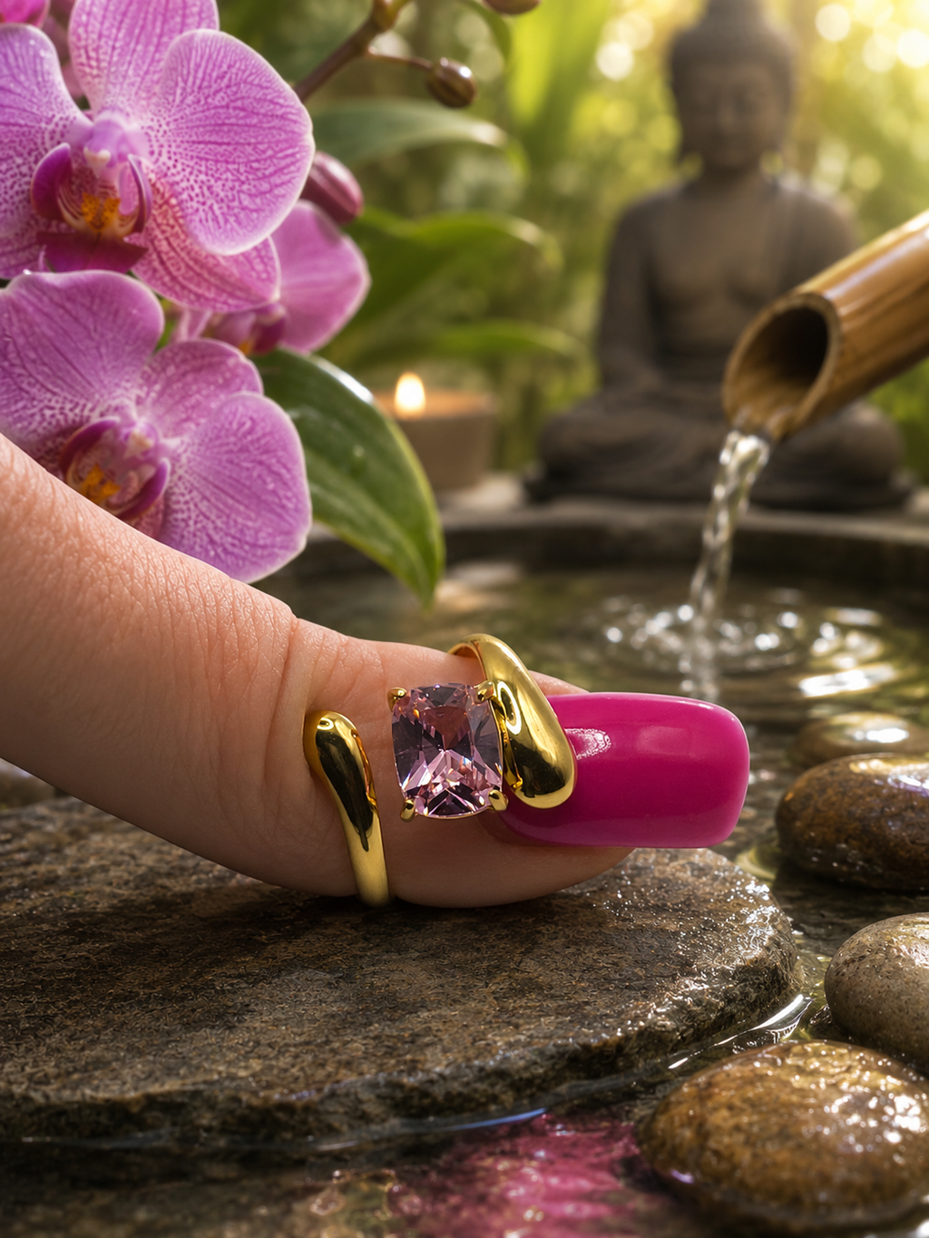 Bague ajustable acier inoxydable doré avec pierre rose forme Z