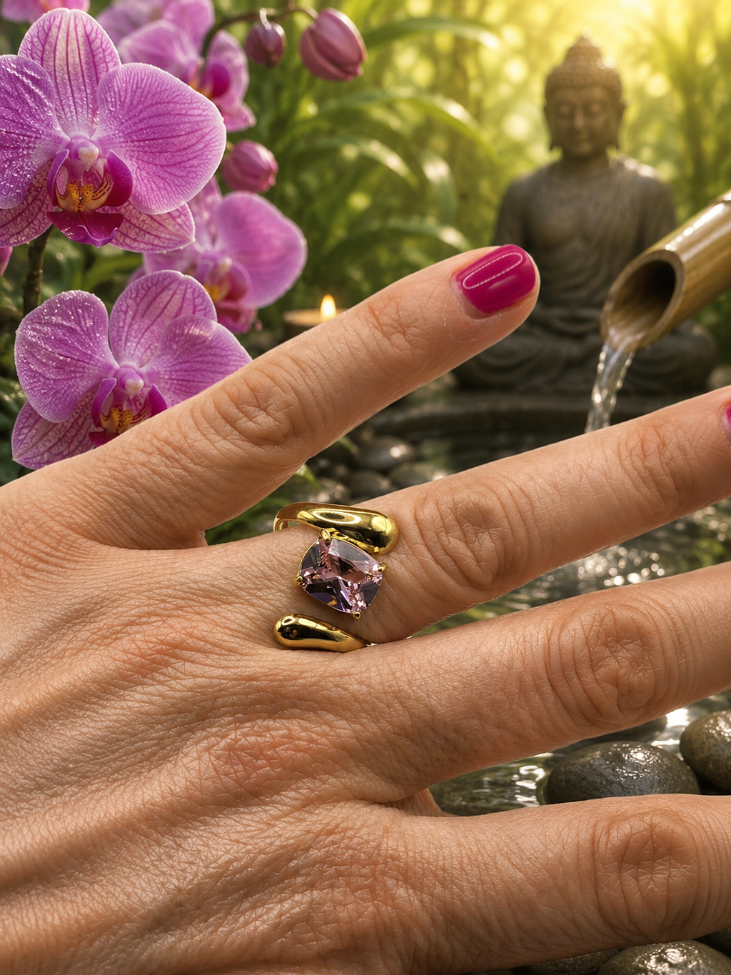 Bague ajustable acier inoxydable doré avec pierre rose forme Z