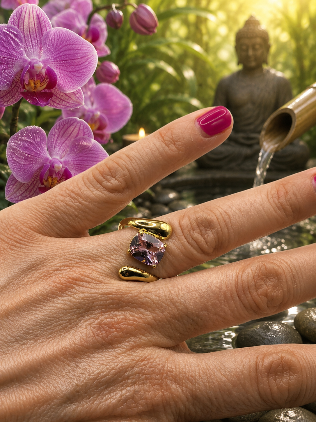 Bague ajustable acier inoxydable doré avec pierre rose forme Z