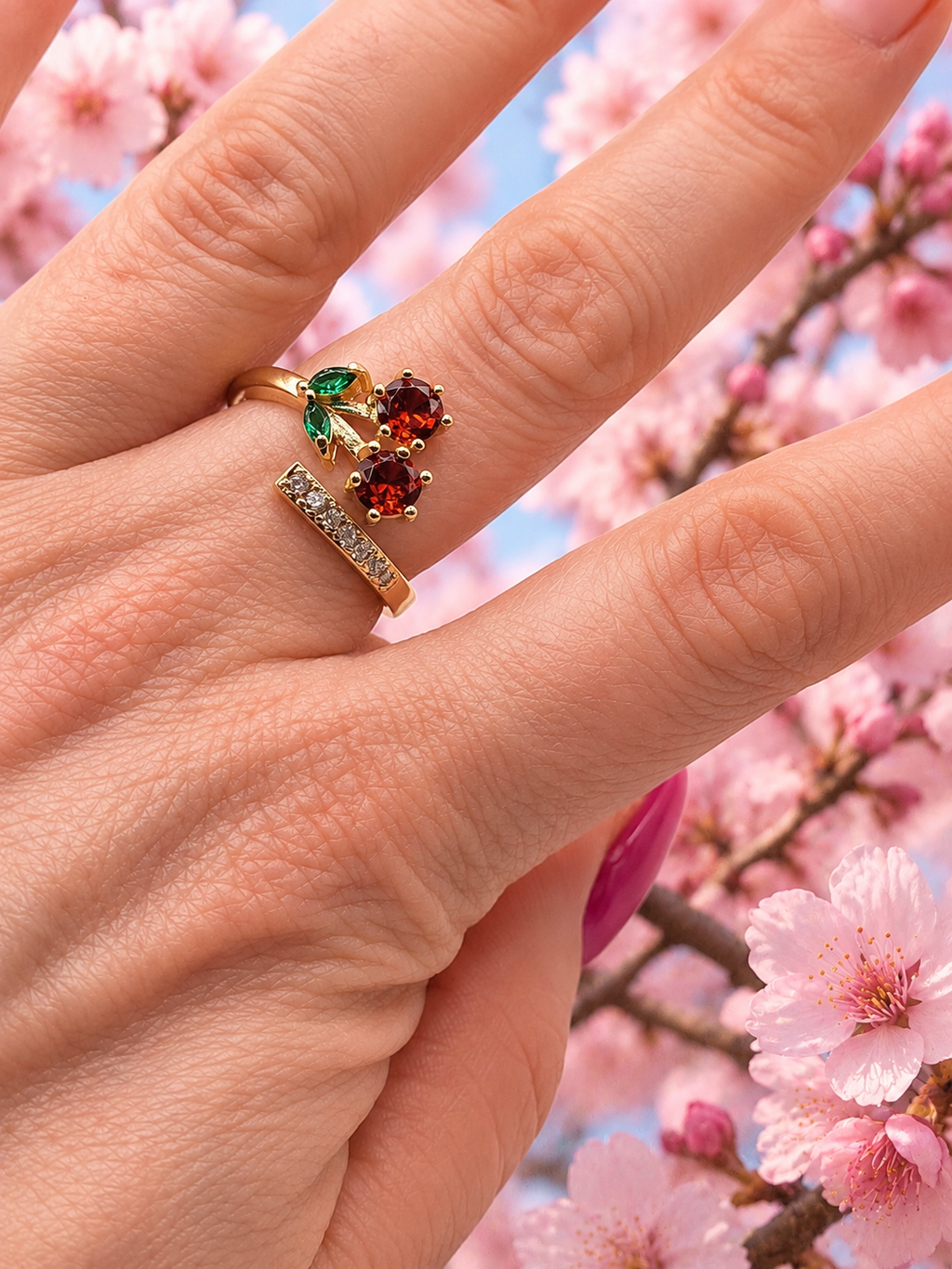 Bague ouverte acier inoxydable doré en forme de cerise