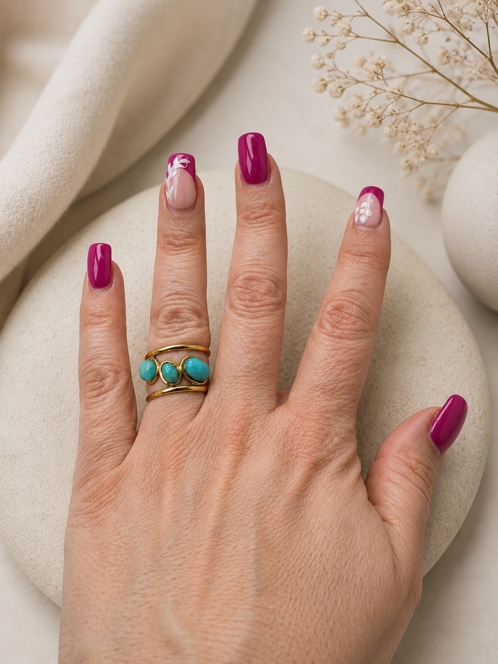 Bague ajustable en acier inoxydable doré avec pierre turquoise