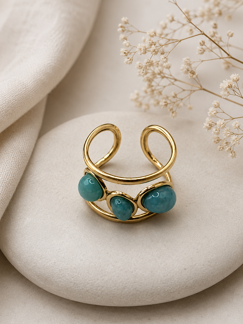 Bague ajustable en acier inoxydable doré avec pierre turquoise