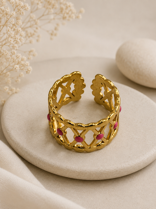 Bague acier inoxydable doré croisillons points roses