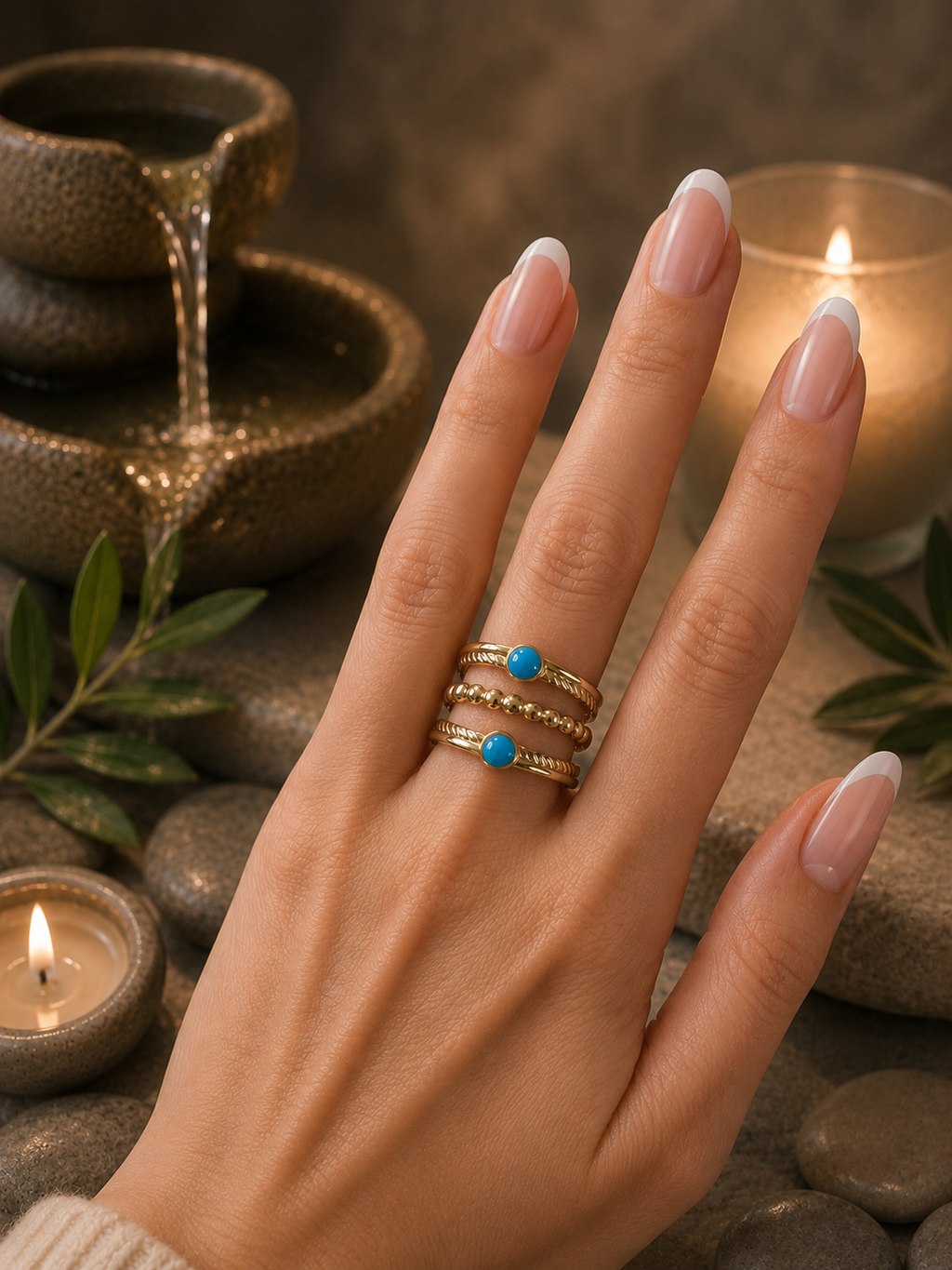 Anello regolabile in acciaio inossidabile dorato a triplo anello con pietre blu