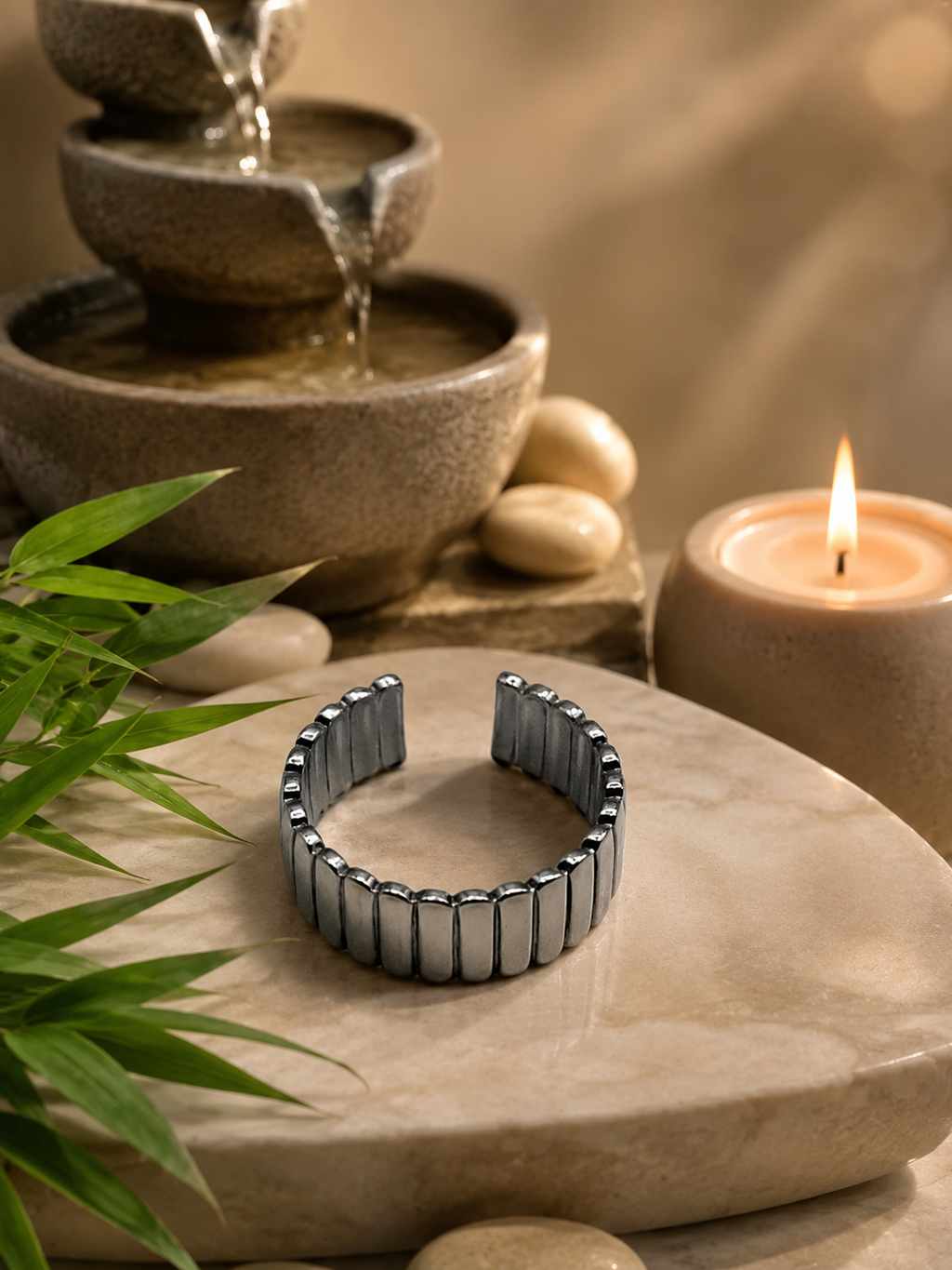 Bague acier inoxydable à larges rayures ouverte argentée