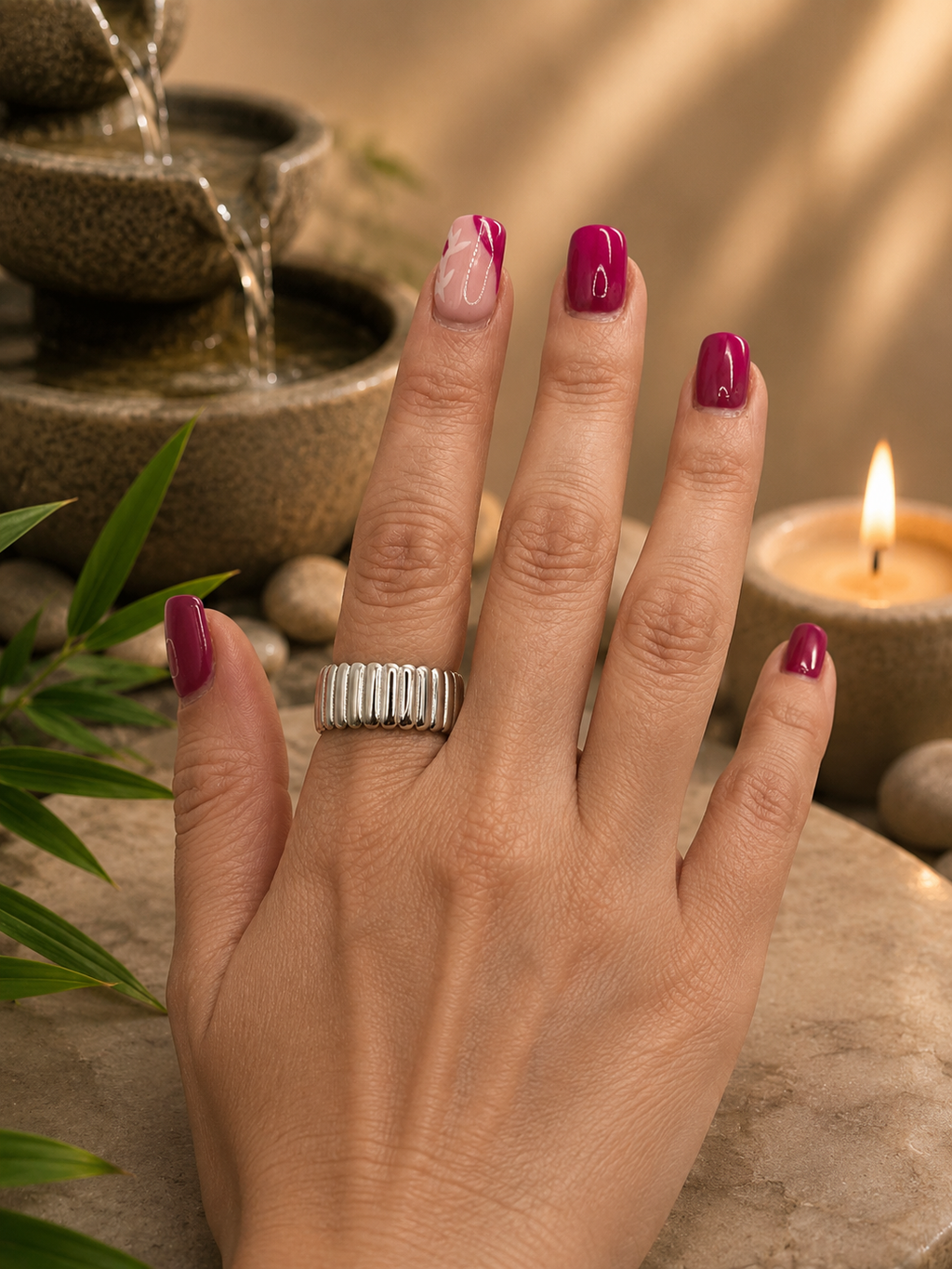 Bague acier inoxydable à larges rayures ouverte argentée