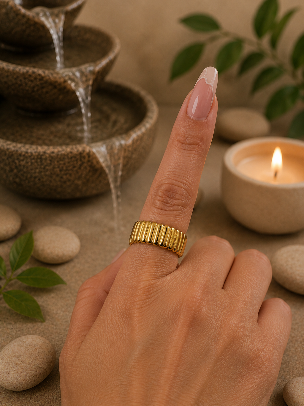 Bague acier inoxydable à larges rayures ouverte dorée